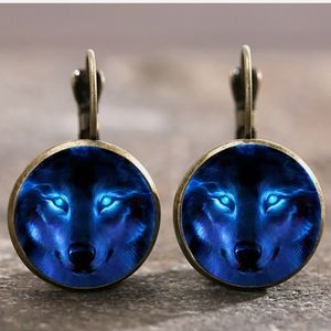 New Blue Wolf Glass Cabochon Bronze Earrings